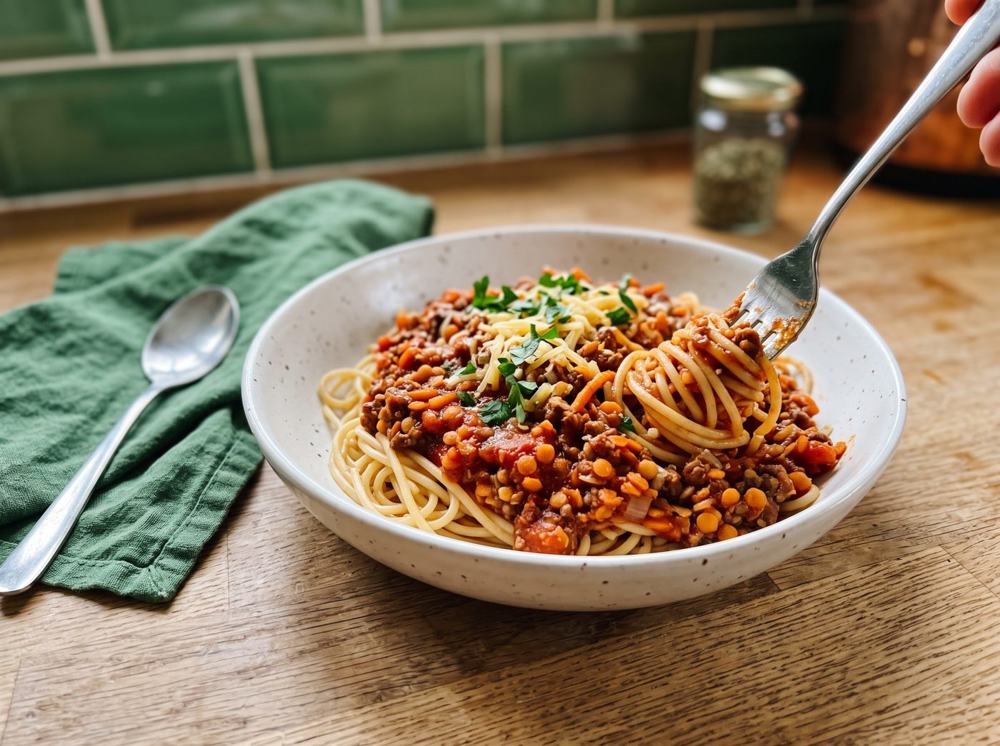 Beef and lentil bolognese with spaghetti