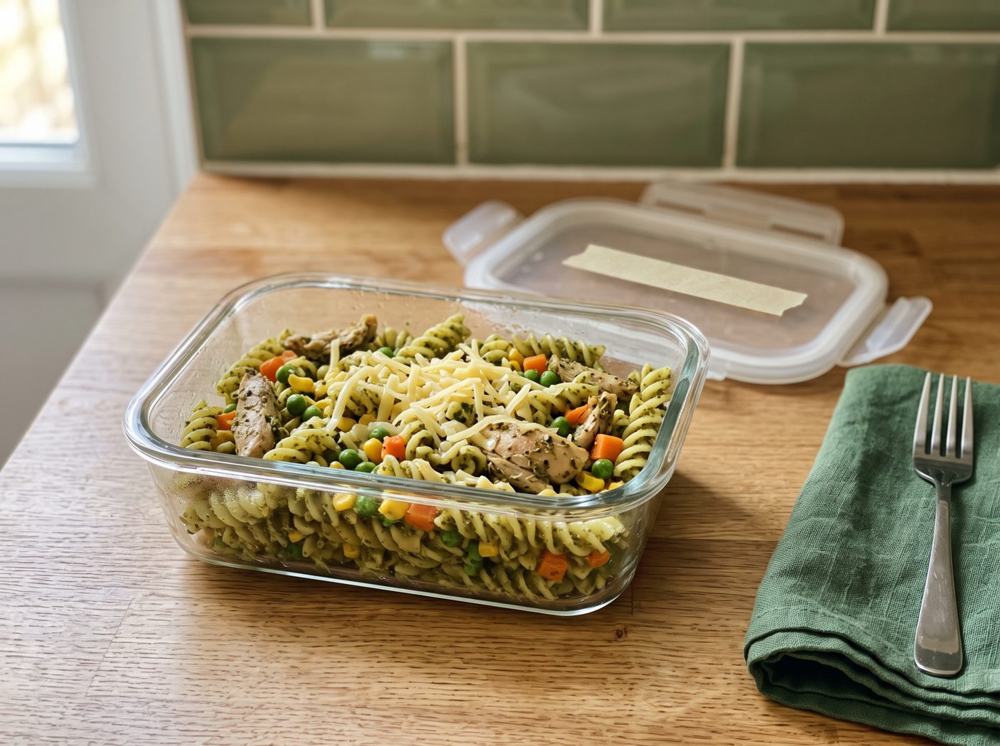 Chicken pesto pasta in a meal-prep box