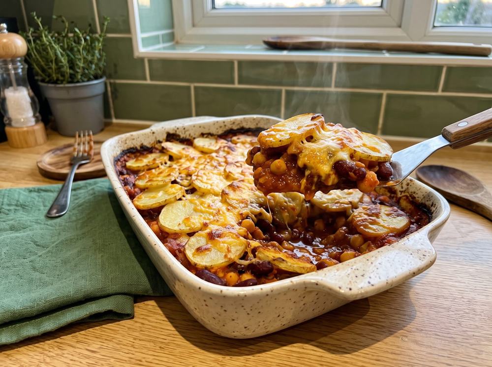 Smoky three-bean bake with a potato and cheese topping