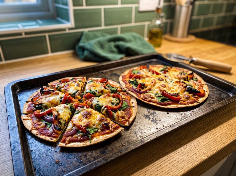 Homemade wrap pizzas on a baking tray